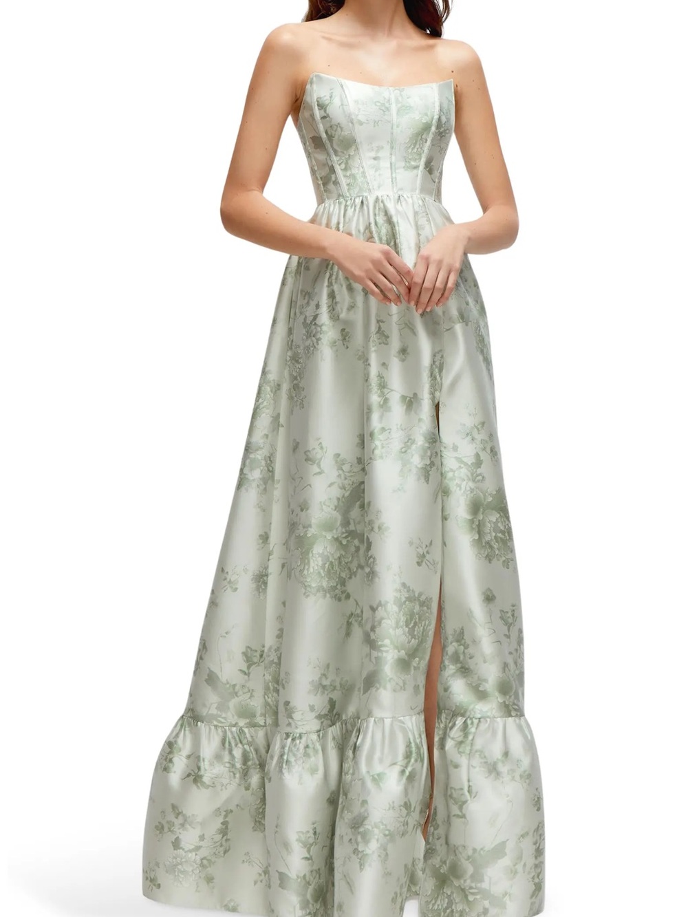 Dessy Collection Floral Strapless Bustier Bodice Satin Gown in Sage Cottage Rose